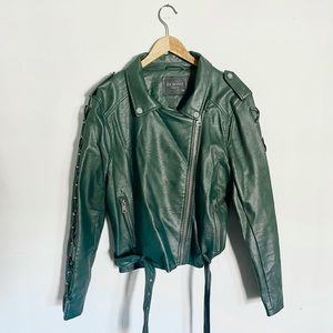 Excellent Condition Green Vegan Leather Motorcycle Short Waist Jacket Size XL